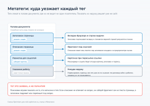Голова документа с четырьмя тегами и стрелки к местам, где каждый из них показывается